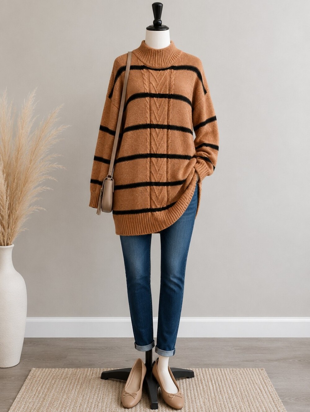Maurices Long Knit Sweater in Camel with Black Stripes. Size L